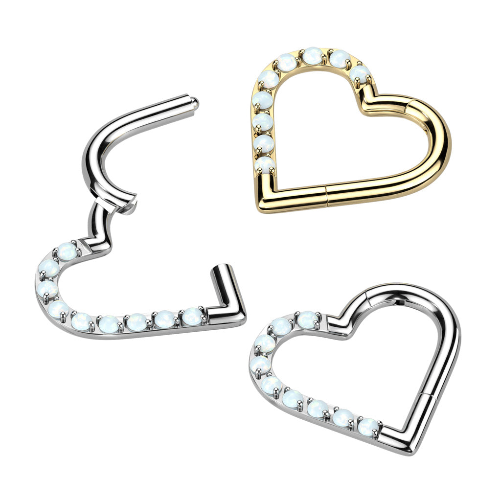 16G Titanium Hinged Hoop W/ Half Pave Opal Heart For Daith Piercings